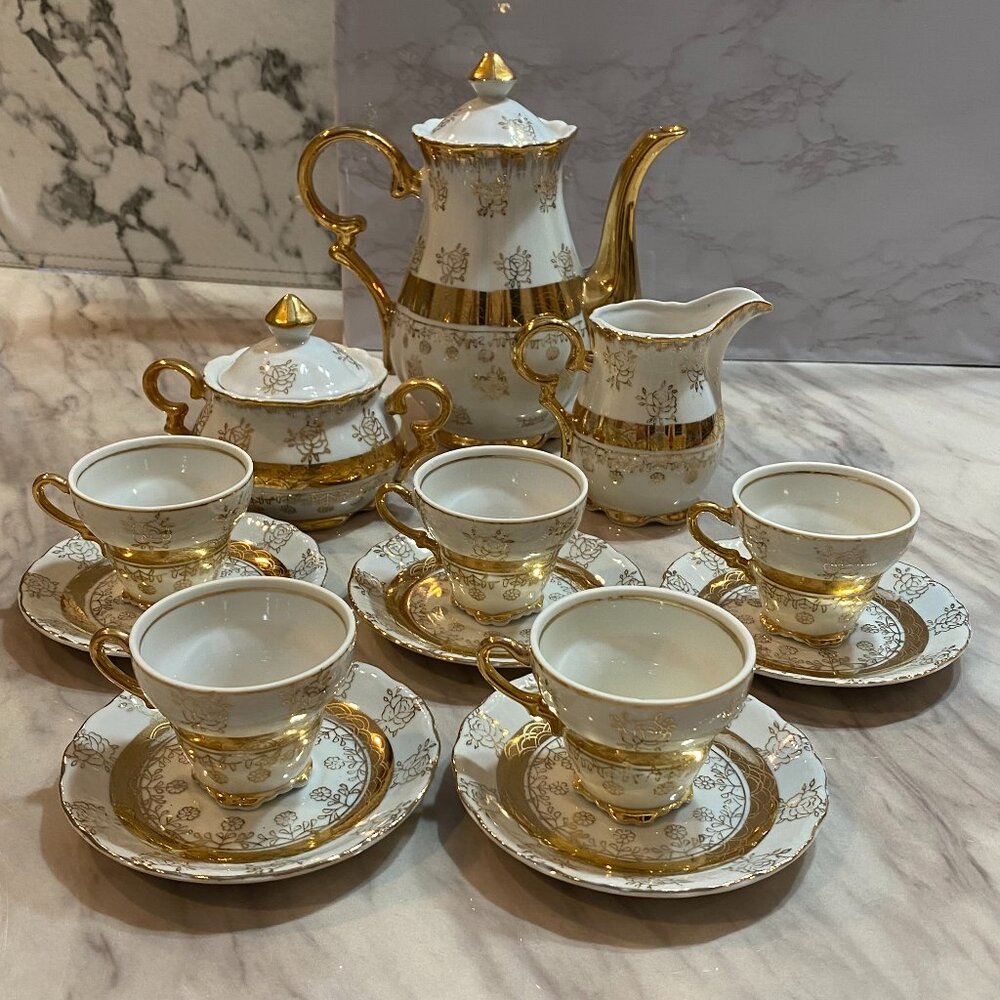 Sterling China Japan Gold Roses ON White Demitasse Tea Service.